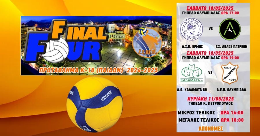Στην Πάτρα 10 & 11 Μάιου το Final-4 Κ-18 Αγοριών (παίδων) της ΕΣΠΕΠ